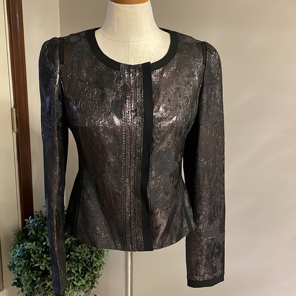 ELIE TAHARI Tessa jacket wool metallic black shinny snap front down scoop neck 4 - Picture 1 of 17